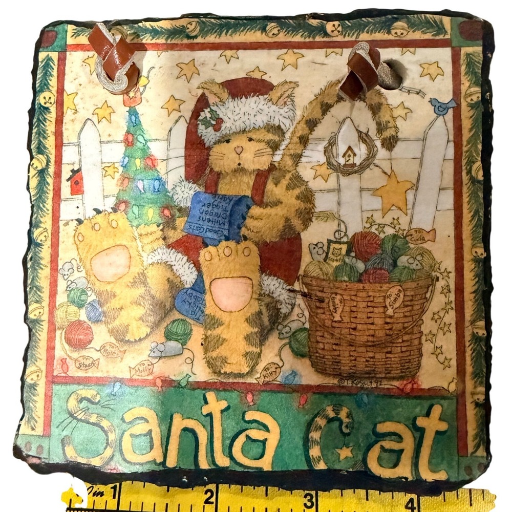 Teresa Kogut Santa Cat Christmas Slate Wall Hanging Evergreen Folk Art Decor 5in